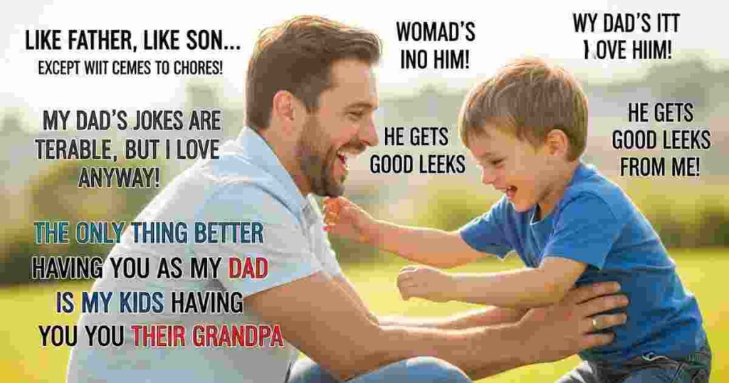Funny Father and Son Captions (1) Funny father and son moment captured on camera, showing playful bonding, laughter, and a joyful family relationship.