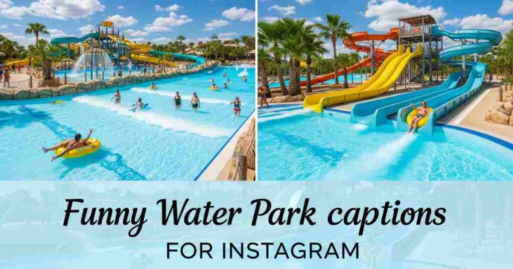 Funny water park captions for Instagram with people laughing on water slides