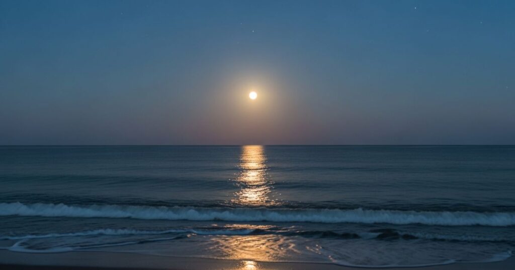 Full moon reflecting on calm ocean water at peaceful night"