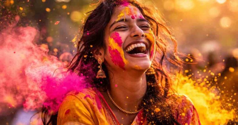 holi captions for instagram 2026 - indian woman celebrating holi with pink gulal