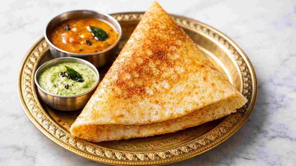 Golden crispy dosa with sambar and chutney on traditional South Indian plate - Instagram captions"