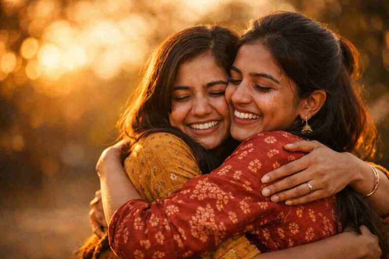 Two best friends sharing emotional hug after meeting after long time - Meeting Friend After Long Time Captions