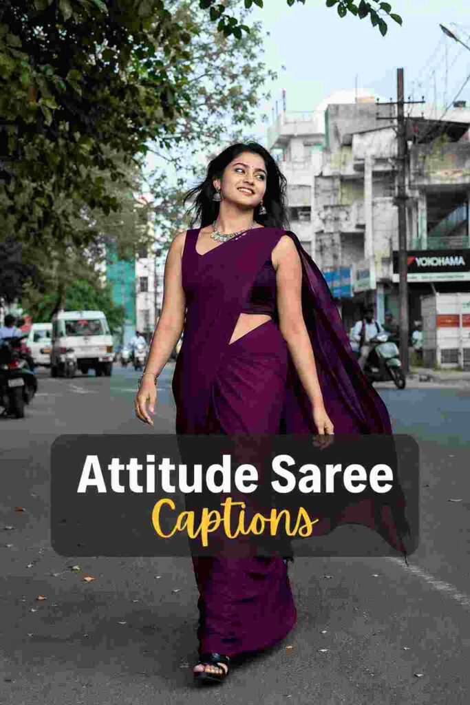 Attitude Saree Captions – confident Indian woman walking on street in black saree with natural daylight