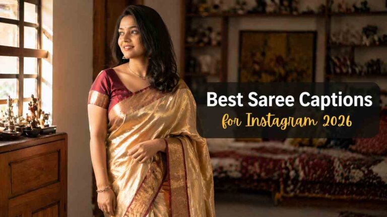 Best Saree Captions for Instagram 2026 – Indian woman wearing golden silk saree standing near window in natural sunlight