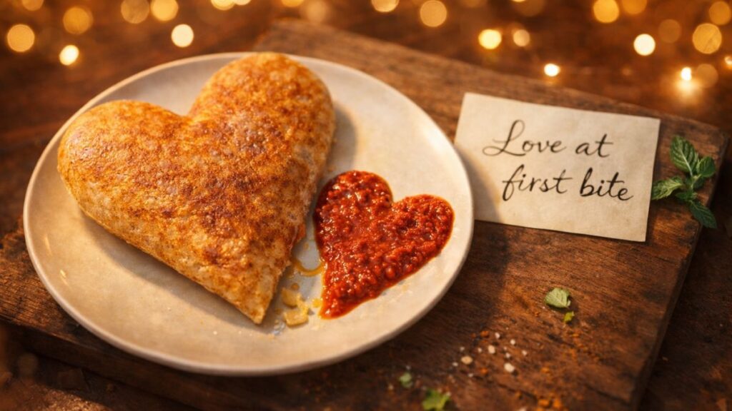 "Heart-shaped dosa with romantic presentation - love captions for food lovers on Instagram"