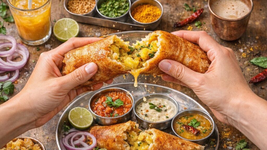"Person enjoying crispy masala dosa with butter dripping - funny food moments for Instagram"
