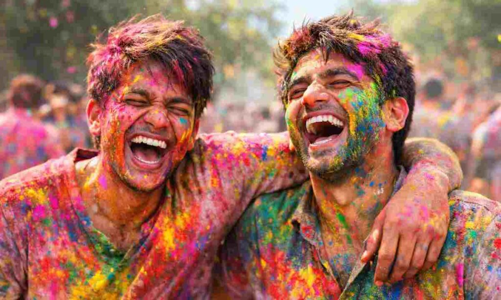 funny holi captions for instagram - friends covered in colorful holi powder laughing
