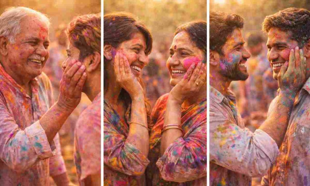 happy holi wishes for friends family and colleagues - indians exchanging warm holi greetings