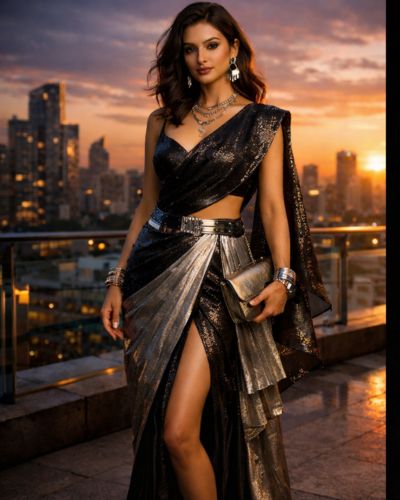 Indo-Western saree look blending traditional Indian style with modern fashion