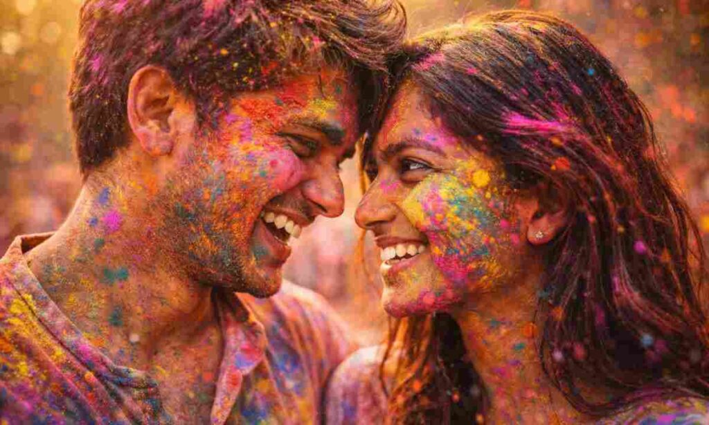 romantic holi captions for instagram couples - indian couple celebrating holi together