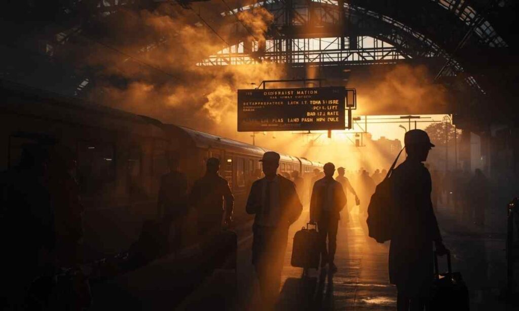 Railway Station Captions for Instagram busy Indian railway station at dawn with travelers and departure board — railway station captions for Instagram