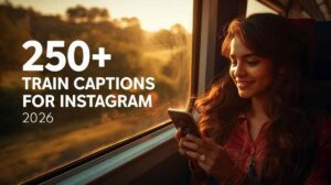 Indian girl at train window seat with phone showing Instagram — best train captions for Instagram 2025