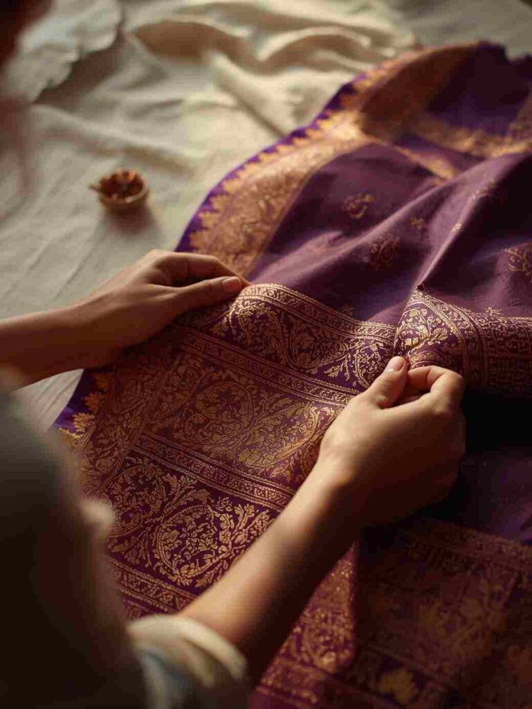 woman wearing traditional paithani saree with best marathi caption for instagram post