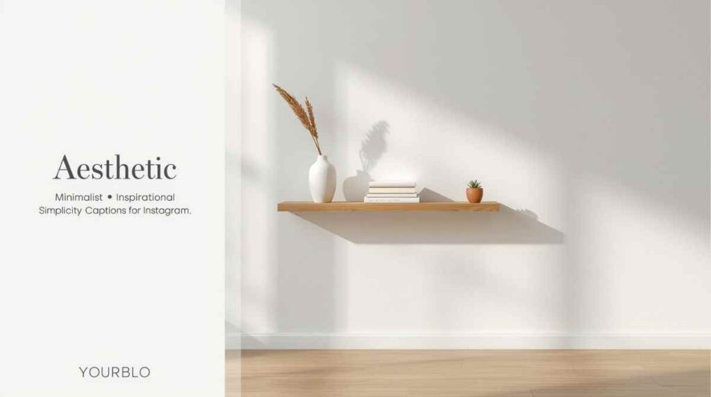 aesthetic minimalist simplicity captions for instagram – clean white interior shelf with ceramic vase, books, and succulent
