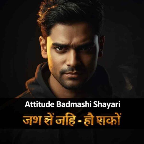Boys Attitude Badmashi Shayari in Hindi – confident Indian man with arms crossed and bold Hindi attitude shayari text overlay