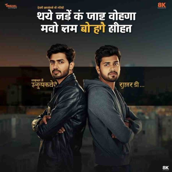 Bhai Badmashi Shayari in Hindi – two brothers standing together on rooftop with bold Hindi bhai shayari text overlay