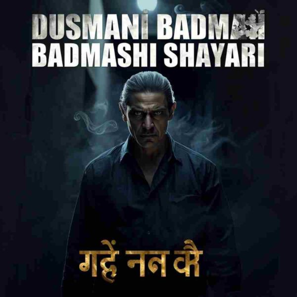 Dushmani Badmashi Shayari in Hindi – intimidating Indian man in dark alley with bold Hindi dushmani shayari text overlay